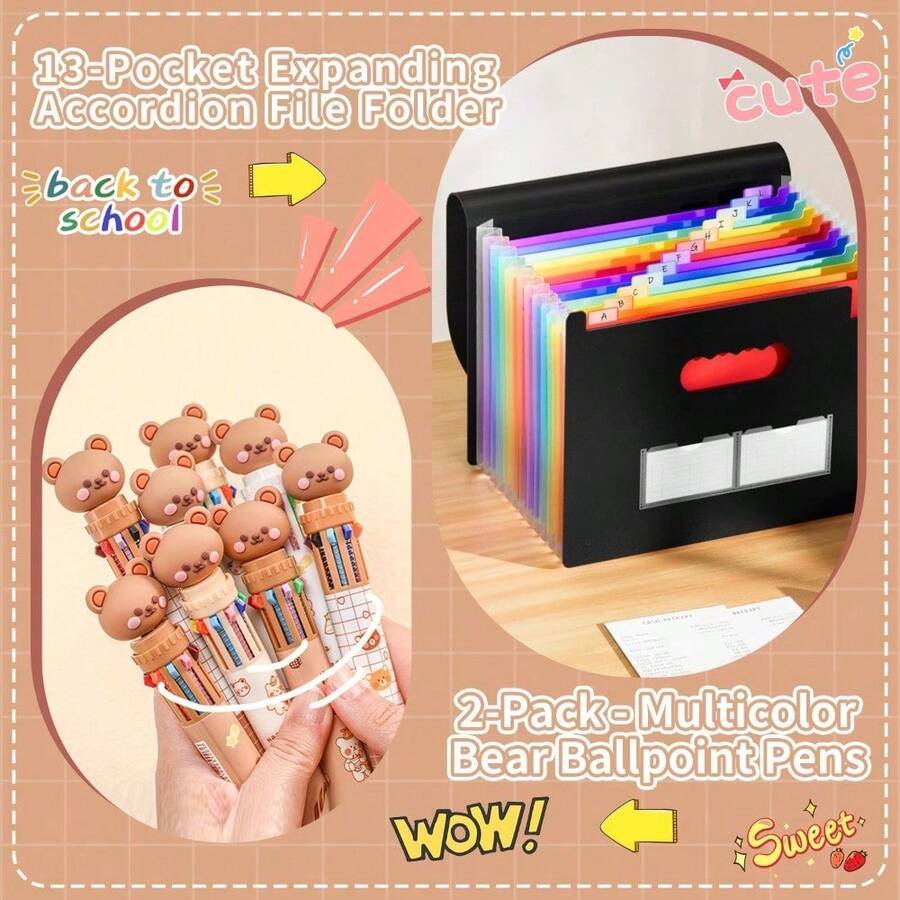 OfficeToSchool​ 13-Pocket Folder For A4/LETTER + Fun Bear Pens W/4-Color System