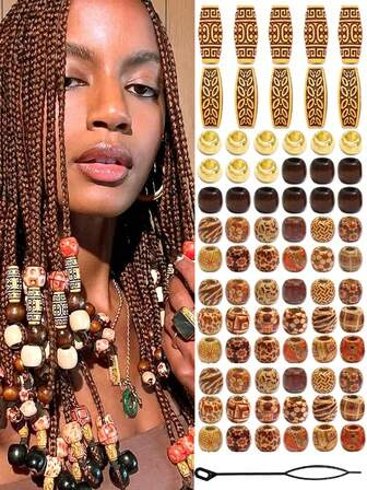 60pcs Wooden Beads For Braids, Dreadlocks And Hair Tube Accessories, Cute Round Loose Wooden Braid Beads For Jewelry Decoration, DIY Crafts, For Women And Men, Claw Clips, Hair Claws, Clips For Hair, Hair Slide, Hair Barrettes, Hair Accessories