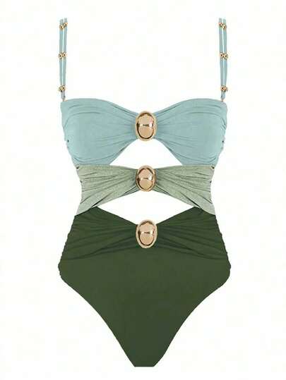 Mono de una pieza con bloqueo de color y adorno para mujer, oficial