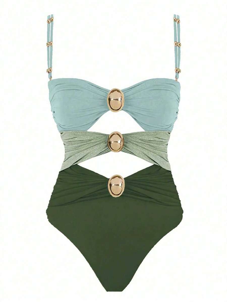 Polovedo Official Women's Colorblock Hollow-Out One-Piece Swimsuit - Green - View 1