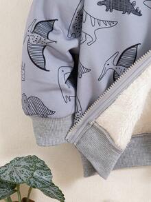 Jaqueta com Capuz de Fleece com Zíper e Estampa de Dinossauro Casual para Meninos, Adequada para Uso Externo, Outono/Inverno - Cinza - Visão 6