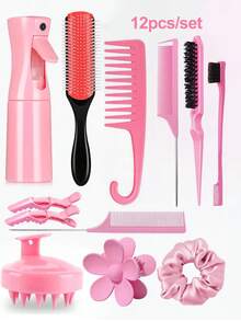 1/3/6/12/13/15件套男女通用美发梳套装，包含梳子套装，可用于蓬松造型、边缘梳理和后梳，九排梳，喷雾瓶（用于梳理打结的头发），头皮按摩洗发刷，优质宽齿梳，花朵发夹，造型梳套装，梳子，发刷，梳子，梳子，打结梳，球形梳，迷你发刷，发刷套装，木梳，发刷，迷你发刷，打结梳，发刷，美发产品，美发工具，美发用品，护发，卷发梳，美发设备，旅行必备，旅行必备，发型，美发，发刷，后梳，造型梳，卷发梳，边缘梳，发梳，梳头发，发刷套装，梳头发，卷发梳，打结梳，女士发刷，头发，旅行，美发产品，美发工具，头发理发用品、理发师、理发配件、理发店、美发设备 - 彩色 - 查看 12