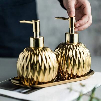 Bình đựng xà phòng cao cấp mạ vàng/bạc, có tay cầm nhấn, bình đựng xà phòng bằng gốm sứ, bình đựng xà phòng màu bạc, kèm khay bằng thép không gỉ, phụ kiện phòng tắm.