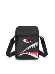 男士休闲格子斜挎包，时尚小方包，独特鲨鱼嘴设计，万圣节、节日、情人节必备 - 黑色 - 查看 8