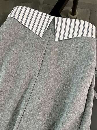 Dammode Randig Färgblockslappnad Grå Sweatshirt Pendlarkostym, 2-i-1 Topp Och Kjol Set