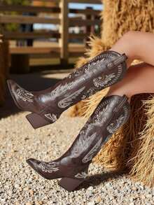 Brown Cowgirl Outfits For Women Boots  Knee High Pointed Toe Thick Heels Festival Shoes Fashion Country Concert Combat Boots For Women - Màu nâu Sô-cô-la - Xem 7