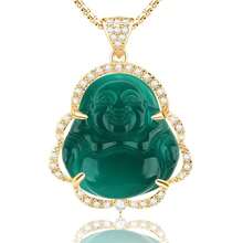 ASGIFT Laughing Buddha Necklace Cubic Zirconia Green Jade Buddha Pendant With 18K Gold Plated Chain Lucky Buddha Necklace Jewelry Gift-541765 - Buddha01-金色+翠綠色 - 查看 1