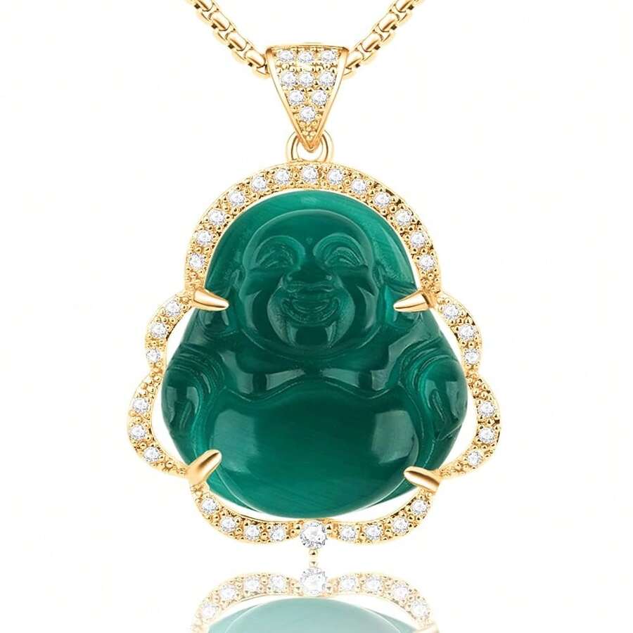 ASGIFT Laughing Buddha Necklace Cubic Zirconia Green Jade Buddha Pendant With 18K Gold Plated Chain Lucky Buddha Necklace Jewelry Gift-541765 - Buddha01-金色+翠綠色 - 查看 1