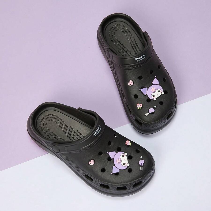 Miniso Kuromi 女士时尚木屐,中厚鞋底(37-38 码)-ZG,适合日常街头服饰,可爱酷炫风格,有趣的卡通图案超级吸引眼球(1 件) - 黑色 - 查看 1