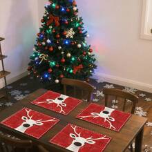 1pc/4pcs/6pcs/100pcs Christmas Deer Pattern Placemats, Machine-Washed Rectangular Polyester Placemats, Table Protectors, Heat-Insulating Placemats, Restaurant Table Decorations, Party Supplies, Christmas Decorations, Can Be Given As Gift