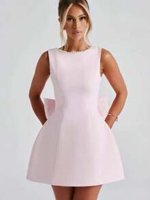 Women's New Summer Pearl Bow Fashionable Slim Short Skirt, Hot Girl Waist-Detached A-Line Solid Color Dress - Hồng - Xem 3