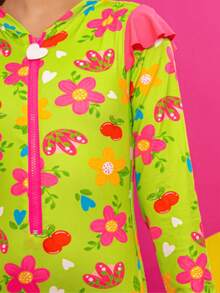 Girls' Swimsuit With Ruffles + Zipper, Cute Style, Beachwear, Summer UV - Green - View 1