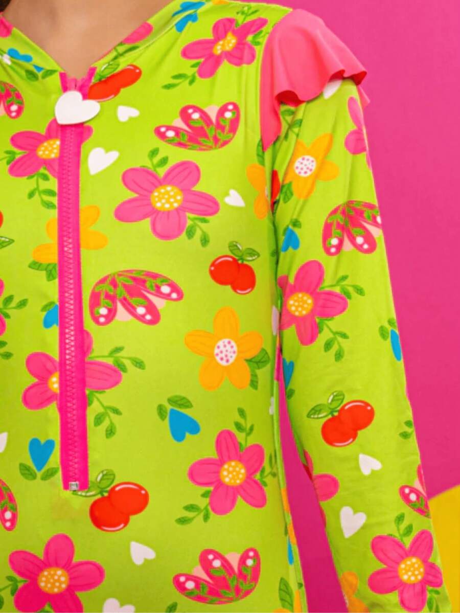 Girls' Swimsuit With Ruffles + Zipper, Cute Style, Beachwear, Summer UV - Green - View 1