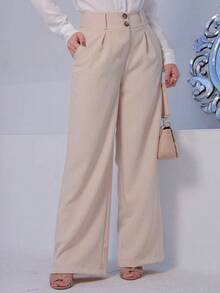 Calça Pantalona Alfaiataria Feminina com Botões e Cintura Alta - Moda Executiva - Bege - Visão 3