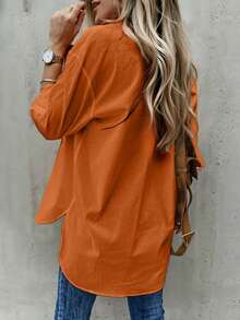 大码休闲/办公纯色翻领衬衫 - 橘色 - 查看 3