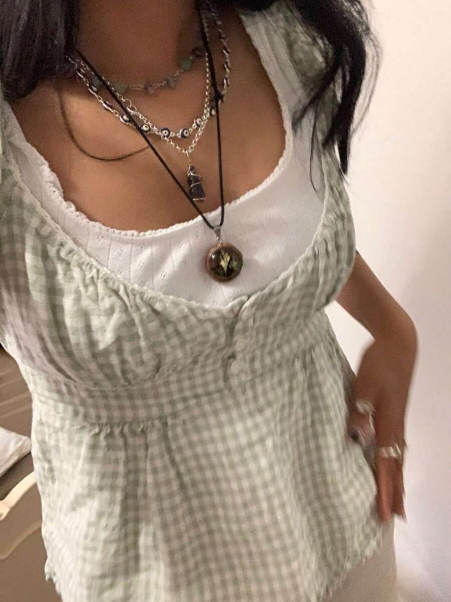 Women's Y2K Fairy Grunge Short-Sleeved Cute Tops Solid Color/Check Low-Necked Pleated Hem Casual Crop Tops Trim Scoop Neck Button-Up Blouse Babydoll T Shirt Summer Going Out Tops Streetwear - 綠色 - 查看 1