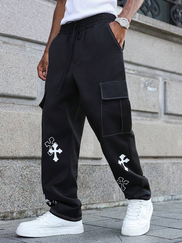 Plus Size Men's Cargo Pants With Pockets And Drawstring, Casual , Fall