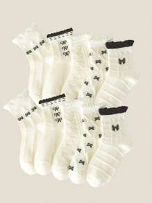 5 双儿童袜子，蝴蝶结钻石格子方形格子图案女童四季风格可爱休闲优雅风格日常出行上学可穿儿童中筒袜。 - 彩色 - 查看 21