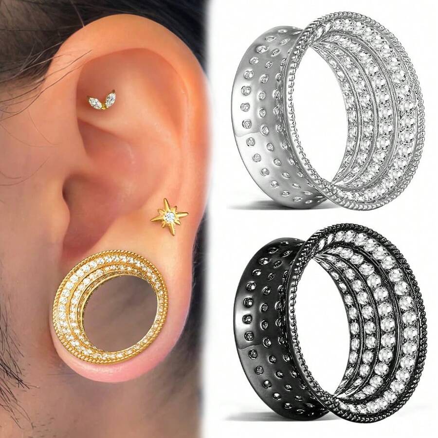 1pc Shiny Luxury Round Ear Gauge, Brass Material Ear Stretcher, Unisex, Gift, Party Body Piercing Jewelry