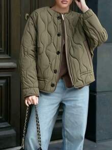 Jaqueta Acolchoada Acolchoada Feminina, Ajuste Folgado, Casual, Zíper na Frente, Gola Redonda com Bolsos, Casaco de Outono e Inverno
