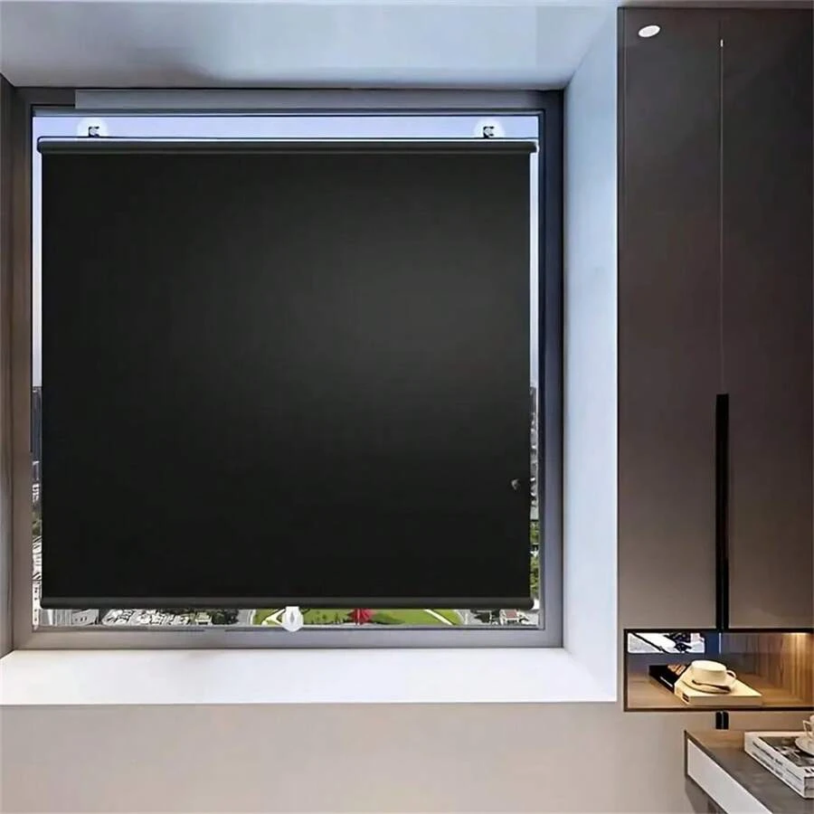 黑色遮阳窗帘，吸盘安装，无需钻孔，易于使用，汽车和家用窗户隔热，防晒，可自由拉伸，PVC材质，现代风格，适用于卧室和各种房间