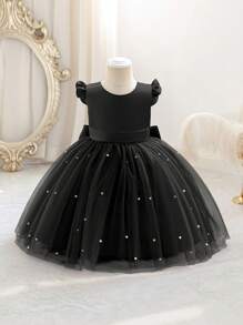 女婴短袖蝴蝶结薄纱黑色优雅圣诞派对礼服，公主裙，适合一周岁生日派对、宴会、婚礼花童装