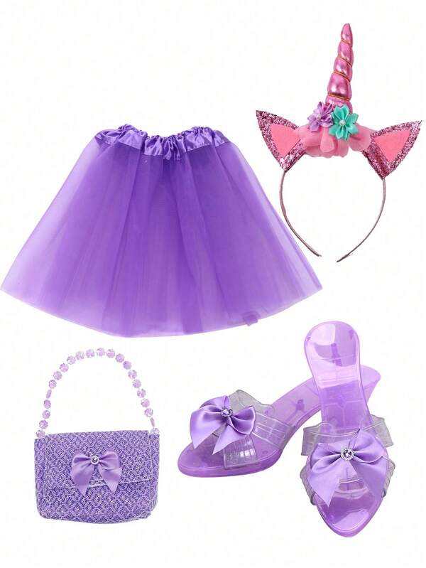 Purple Girl Princess Role Play Dress-Up Game Set, Princess Skirt, Princess Handbag, Unicorn Hair Clip, Princess Shoes, Unicorn Headband Accessory Set, Suitable As A Birthday Party Gift For Girls