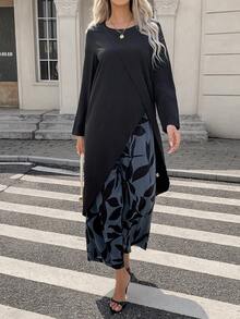 Conjunto de 2 piezas de camisa de manga larga con cuello redondo y bajo asimétrico casual + pantalones estampados con flores, diseño asimétrico/asimétrico sin superposición, patrón de plantas/hojas