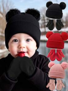 2件套可爱针织毛球婴儿帽和加厚保暖护耳帽套装，包含儿童手套和帽子，适合1-3岁幼儿，冬季适用 - 多色 - 查看 1