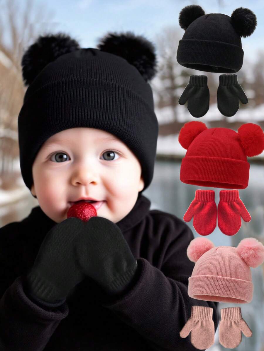 2件套可爱针织毛球婴儿帽和加厚保暖护耳帽套装，包含儿童手套和帽子，适合1-3岁幼儿，冬季适用 - 多色 - 查看 1
