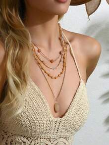 1pc Vintage Colorful Beaded Layered Necklace, Luxurious & Versatile Beaded Gemstone Necklace For Women