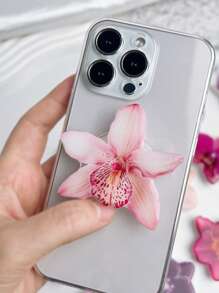 1pc INS Pink Flower Orchid Lily Acrylic Resin Phone Holder, Foldable Portable Air Cushion Phone Stand Compatible With IPhone, Android Phone, Gift For Birthday, Family, Friends Push-Pull Phone Grip Phone Accessories - Multicolor - View 2