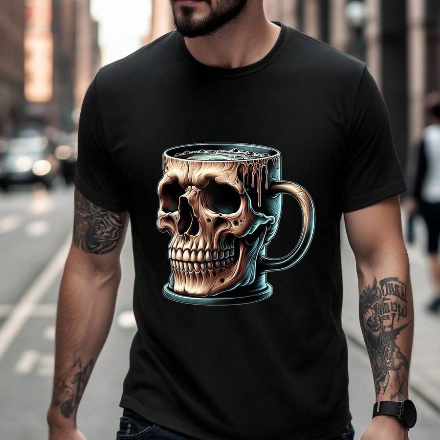 Skull Coffee Mug - Skelton Caffeine Lover - T-Shirt | First Day Of School Shirt Dad | This Is My Costume Shirt | Christmas Humor T Shirt Men | Mens Graphic Tee | Sore Today Strong Tomorrow Tee - 黑8 - 查看 1