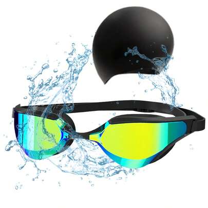 2 pieza Gafas de natación de silicona y Gorro de natación para adultos y adolescentes unisex con protección antivaho, a prueba de fugas, vista panorámica clara, protección UV, esenciales de playa, accesorios de playa, flotador de piscin