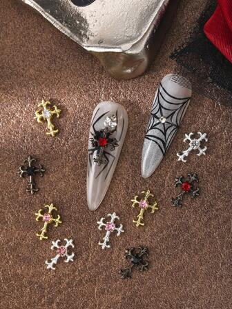 60 Pcs/Box Gold, Silver, Black Retro Punk Style Hollow Three-Dimensional Cross Nail Art Gem Simple And Exquisite Three-Dimensional Cross Nail Art Decoration Alloy Rhinestone Y2k Metal Style DIY Nail Salon Art Decoration Nail Flash Metal Diamond Nail Gems Nail Supplies Nail Charms False Nail Decoration Accessories