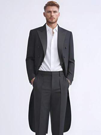 男士燕尾服夹克 - 长款黑色晚礼服，尖领，豪华婚礼晚宴表演服装合唱团指挥黑色夹克