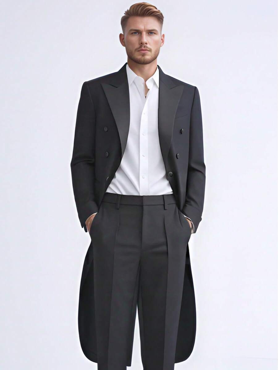 Tail Coat Jacket For Men - Long Black Evening Tailcoat With Peak Lapels, Luxury Wedding Gala Dinner Performance Costume Chorus Conductor Black Jacket Only