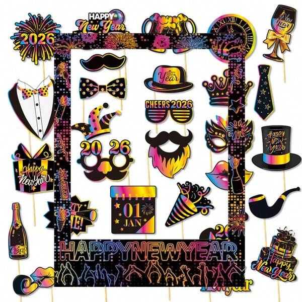 1pc 2026 New Year Black Photo Frame + 30pcs Colorful New Year Funny Handheld Props, For Welcoming The New Year And Celebrating The New Day, Party, Gathering, And Event Decoration