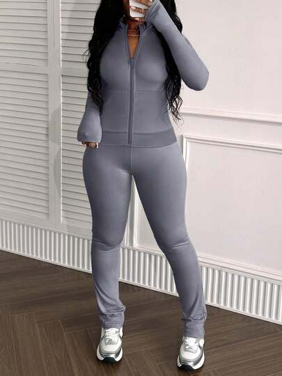 LovelyWholesale Completo casual da donna con top a collo alto e maniche lunghe con zip e pantaloni slim-fit, set di 2 pezzi, abbigliamento autunnale per donna