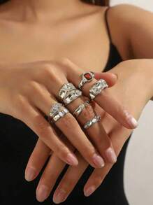 7 件套几何复古合金戒指，镶嵌不对称水晶戒指套装
