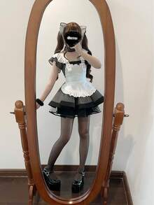 Vintage Black And White Striped Lolita Maid Costume Subculture Japanese Cute Apron Set Cosplay Dress - Bộ vest sọc đen + váy lót vải tuyn đen - Xem 3
