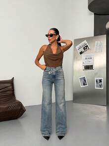 SQUALO Dark Blue Denim Pants With Double Button Detail - Blue and White - View 5