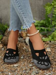蝴蝶刺绣女士平底鞋，低帮软底舞蹈鞋，针织平底休闲鞋，轻便圆头宽楦舒适透气刺绣鞋，四季皆宜 - 黑色 - 查看 3