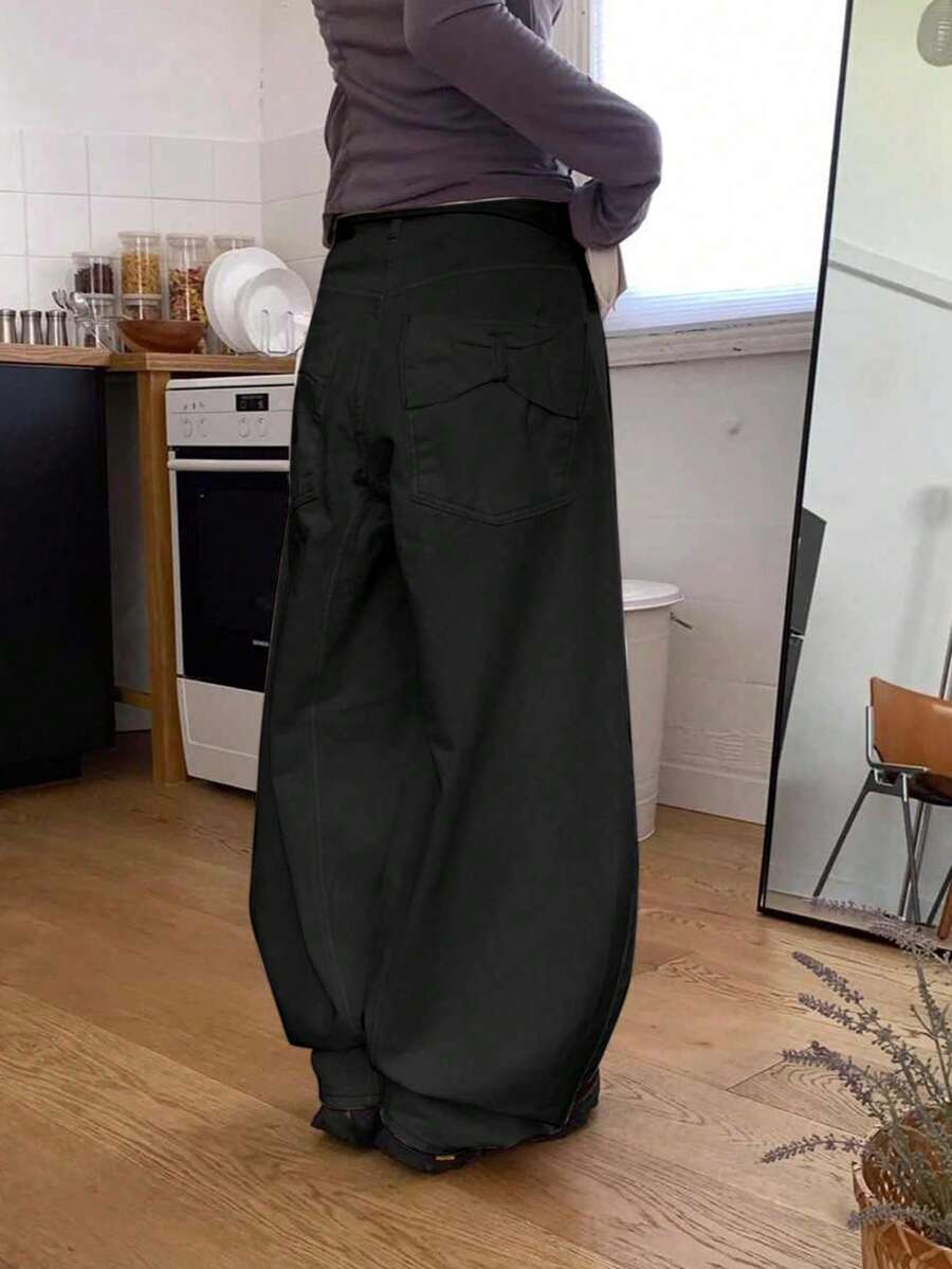 Bowknot Back Pocket Design Loose Fit Balloon Jeans For Women, Spring New Arrival - Black - View 1