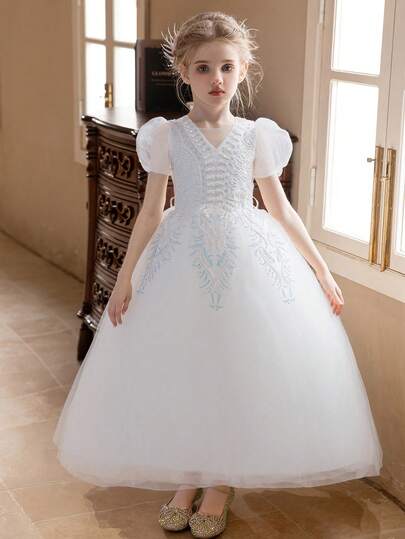 Tween Girl White Puff Sleeve Party Dress, Flower Girl Wedding Tulle Dress