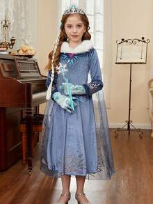 6 件套海军蓝毛绒领长袖斗篷连衣裙配饰套装，女童圣诞狂欢节服装，儿童角色扮演舞台表演服装 - 藏蓝色 - 查看 2