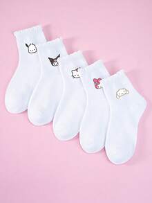 1/5 pares de calcetines para niños con estampados de Hello Kitty, Kitty, KT Cat, My Melody, Kuromi, Pochacco, Cinnamoroll, con puños con volantes