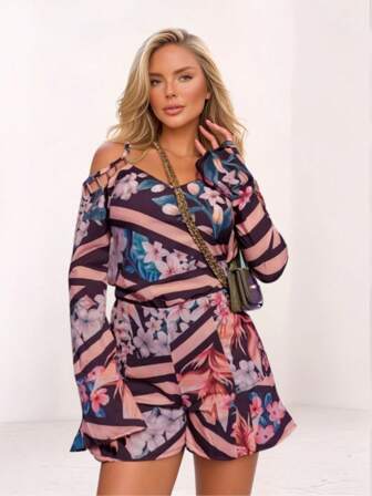 Macacão Feminino Curto Manga Longa Ombro a Ombro Estilo 20004