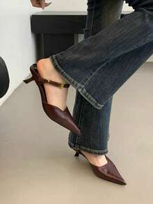 3.5厘米鞋跟复古法式尖头小猫跟凉鞋，女士新款夏季通勤及晚间穿着，酒红色鞋跟 - 酒紅色 - 查看 4