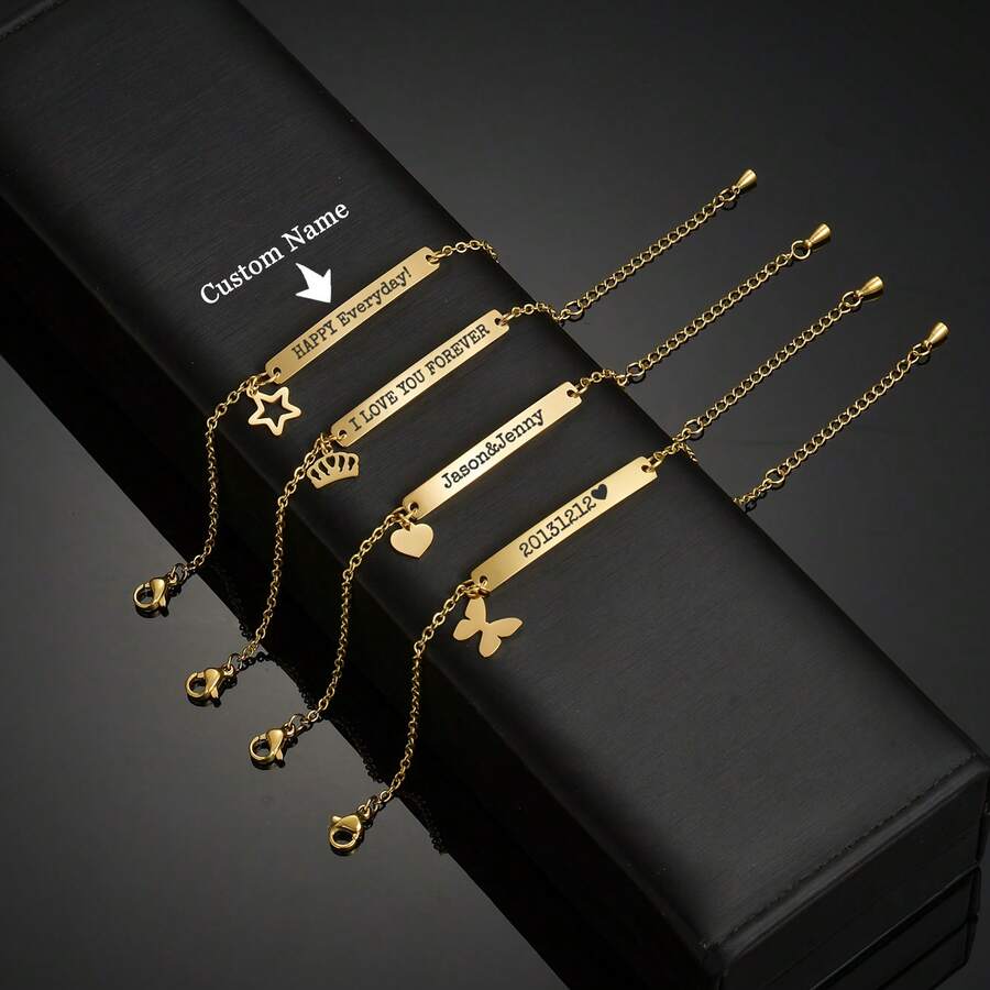 1Pc Custom Carved Bracelet Or Anklet With Heart Shape And Star Personalized Name Jewelry, Stainless Steel Bracelet For Men And Women, Suitable For Mother's Day, Birthday, Wedding, Graduation Commemoration - Ideal Jewelry Christmas Gift